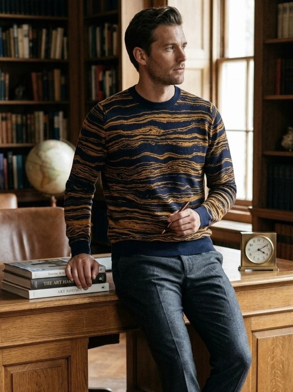 John Smedley Merino Wool Sweater Navy & Gold Tiger Stripe Abstract Wave Size L